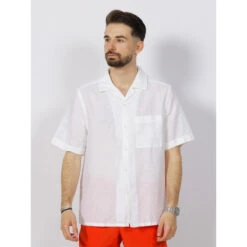 Chemise Manches Courtes En Lin Cuban Blanc Homme - Calvin Klein