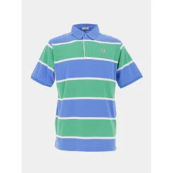 Polo Rayé Manches Courtes Bleu Vert Homme - Serge Blanco