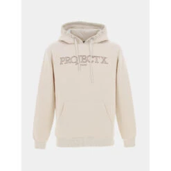 Sweat à Capuche Uni Logo Brodé Beige Homme - Project X Paris