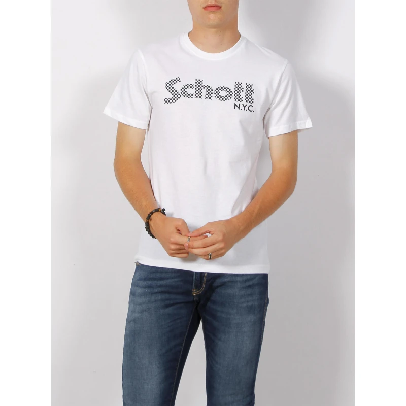 T-shirt Serigraphie Logo Damier Blanc Homme - Schott NYC 3 T-shirt Serigraphie Logo Damier Blanc Homme - Schott NYC
